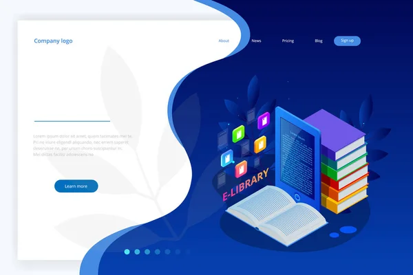 Bannière web isométrique E-learning online, concept de bibliothèque en ligne. Modèle de page de débarquement. Design moderne pour une page web . — Image vectorielle