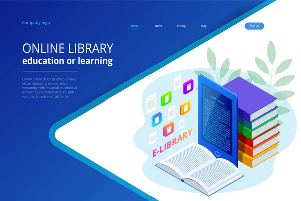 Bannière web isométrique E-learning online, concept de bibliothèque en ligne. Modèle de page de débarquement. Design moderne pour une page web . — Image vectorielle