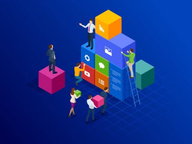 İzometrik site oluşturma kavramı. Web sayfası tasarımı ve geliştirme, insanlar bir Web uygulamaları oluşturma konusunda bilgi aktarımı çalışıyorlar. Vektör çizim