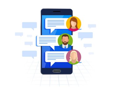 Kastamonuda ve smartphone kavramı üzerinde mesajlaşma. SMS mesajları ve konuşma balonları. Kısa mesaj servisi kabarcıklar. Düz vektör çizim
