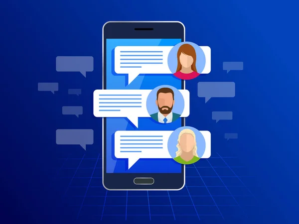 Chating és üzenetek a smartphone koncepció. Az SMS üzenetek és rakhatja. Rövid üzenet szolgáltatás buborékok. Lapos vektoros illusztráció — Stock Vector