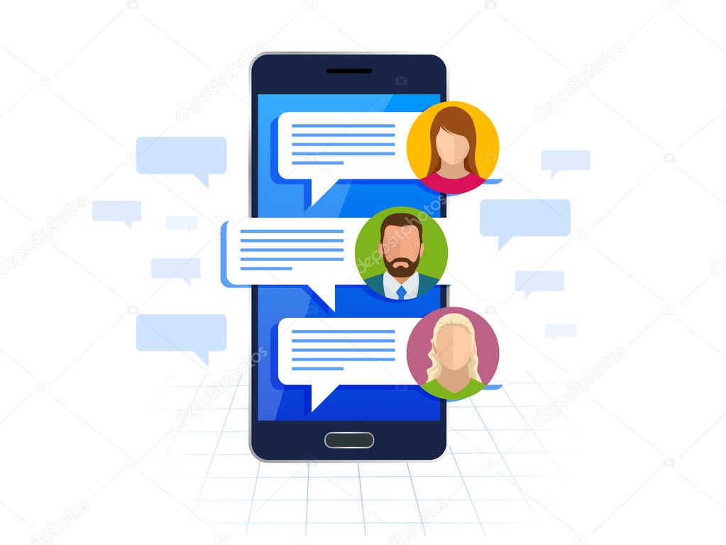 Chating and messaging on smartphone concept. Sms messages and Speech bubbles. Short message service bubbles. Flat vector illustration