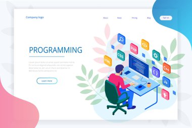 İzometrik programcı kodlama yeni proje. Web geliştirici, programlama kavramı. Açılış sayfası veya mobil web geliştirme şablonu.