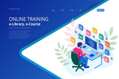 Isometric programmer coding new project. Web developer, programming concept. Landing page or mobile website development template clipart svg vector 