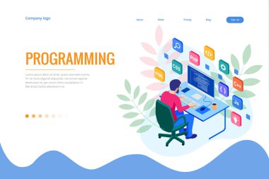 İzometrik programcı kodlama yeni proje. Web geliştirici, programlama kavramı. Açılış sayfası veya mobil web geliştirme şablonu.