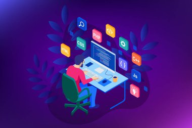 İzometrik programlama ve kodlama teknolojileri geliştirme. Web sitesi tasarımı. Vektör çizim