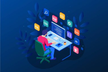 İzometrik programlama ve kodlama teknolojileri geliştirme. Web sitesi tasarımı. Vektör çizim