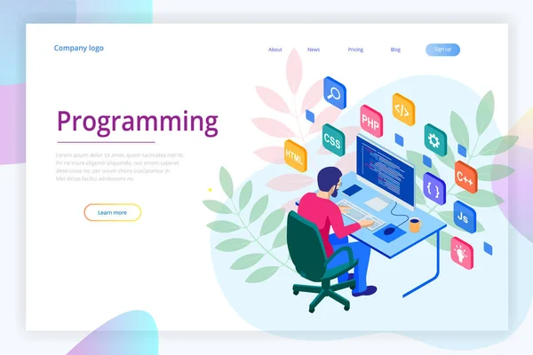 Isometrische Programmierer Programmierung neues Projekt. Webentwickler, Programmierkonzept. Zielseite oder mobile Website-Entwicklungsvorlage. — Stockvektor