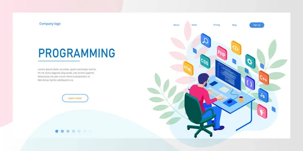 Isometric programmer coding new project. Web developer, programming concept. Landing page or mobile website development template. — Stock Vector