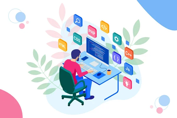 Isometric Developing programming and coding technologies. Website design. Vector illustration — Stock Vector