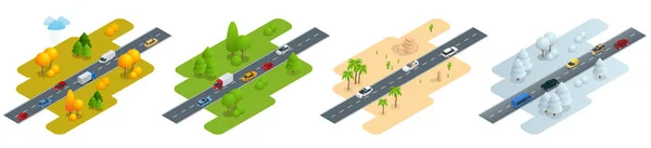 Четыре изометрических снимка Дорога с автомобилями осенью, летом, дорога в пустыне и дорога зимой . — стоковый вектор