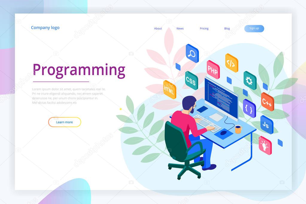 Isometric programmer coding new project. Web developer, programming concept. Landing page or mobile website development template.