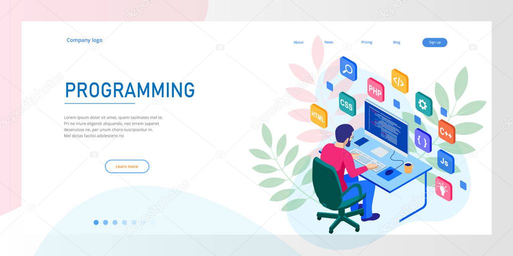 Isometric programmer coding new project. Web developer, programming concept. Landing page or mobile website development template.