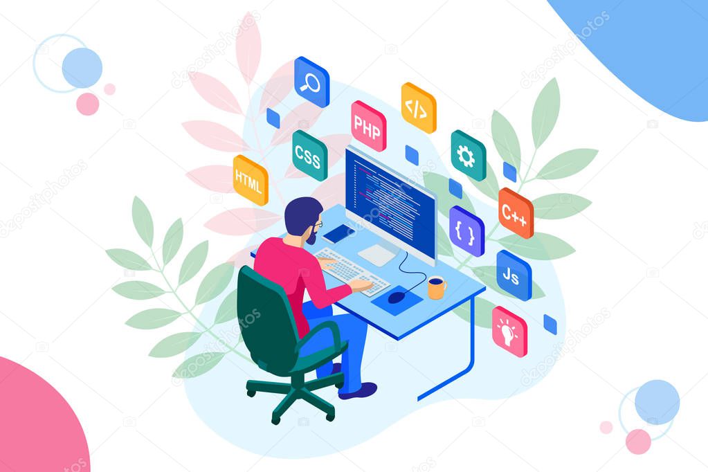 Isometric Developing programming and coding technologies. Website design. Vector illustration