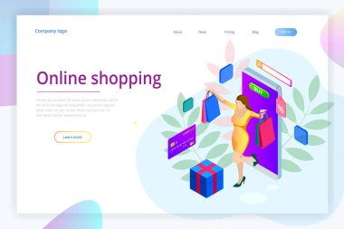 Açılış sayfası şablonu alışveriş online kavramının. E-ticaret Web sitesi salonu yanında smartphone