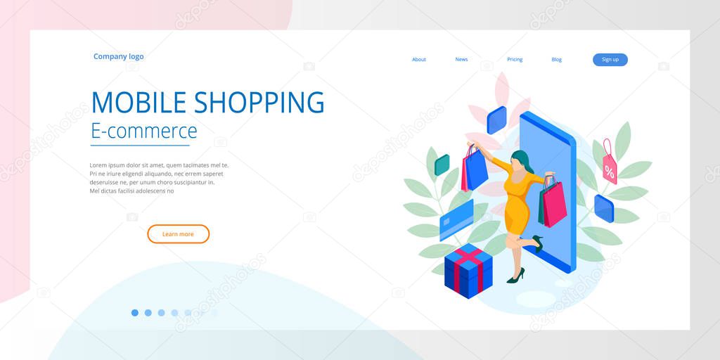 Landing page template of shopping online concept. Mobile store, online shopping, distant trade, e-commerce