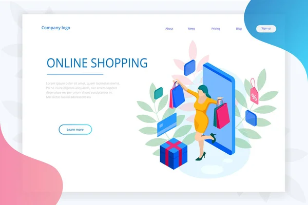 Landing page template of shopping online concept. E-commerce website shop by smartphone — Stock Vector