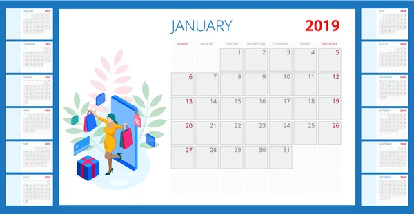 Calendario 2019 Conjunto Meses Concepto Compras Línea Diseño Plantillas Calendario — Archivo Imágenes Vectoriales