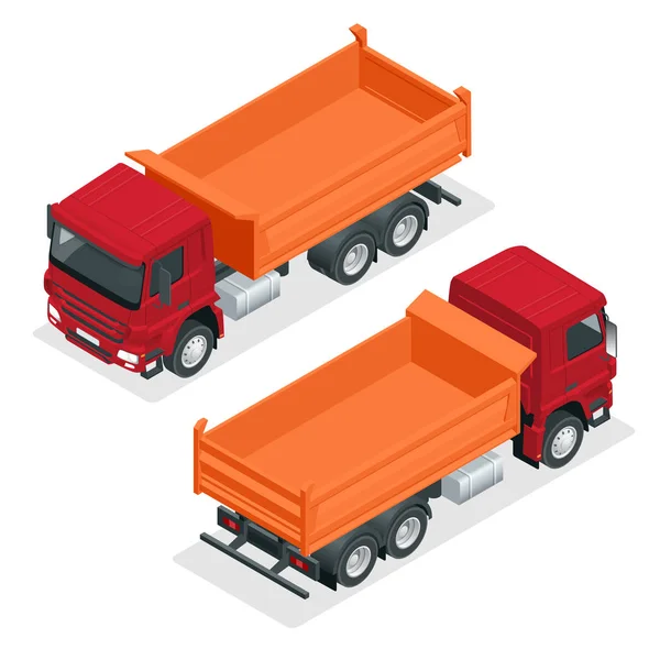 Ilustração do vetor Isometric Dump Truck. Isolado em reboque basculante hidráulico branco, despejador de mina de carvão, vetor de caminhão de construção, caminhão de construção, máquinas de construção laranja . — Vetor de Stock