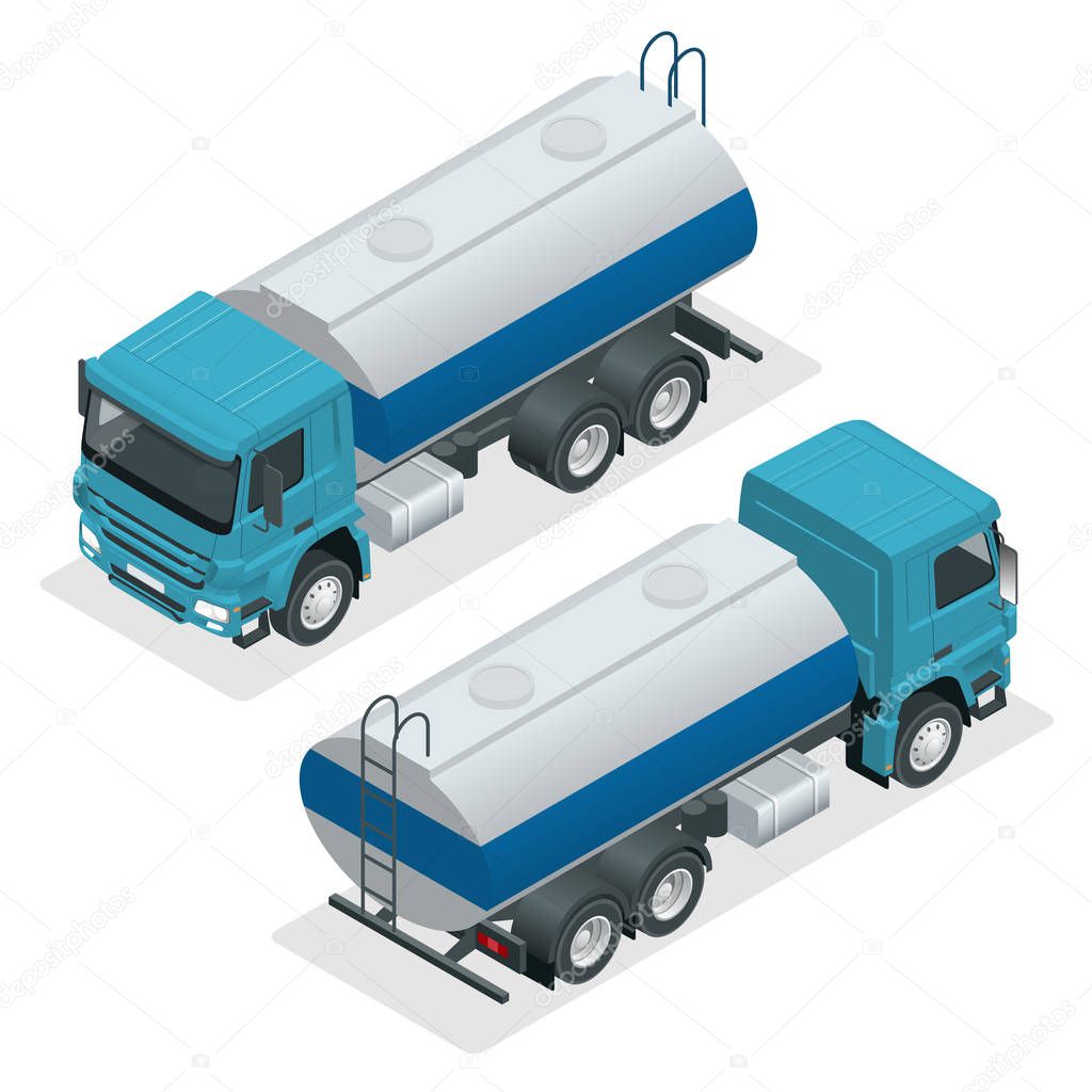 Isometric Tanker truck vector. Petroleum tanker, petrol truck, white cistern, oil trailer isolated on white background.