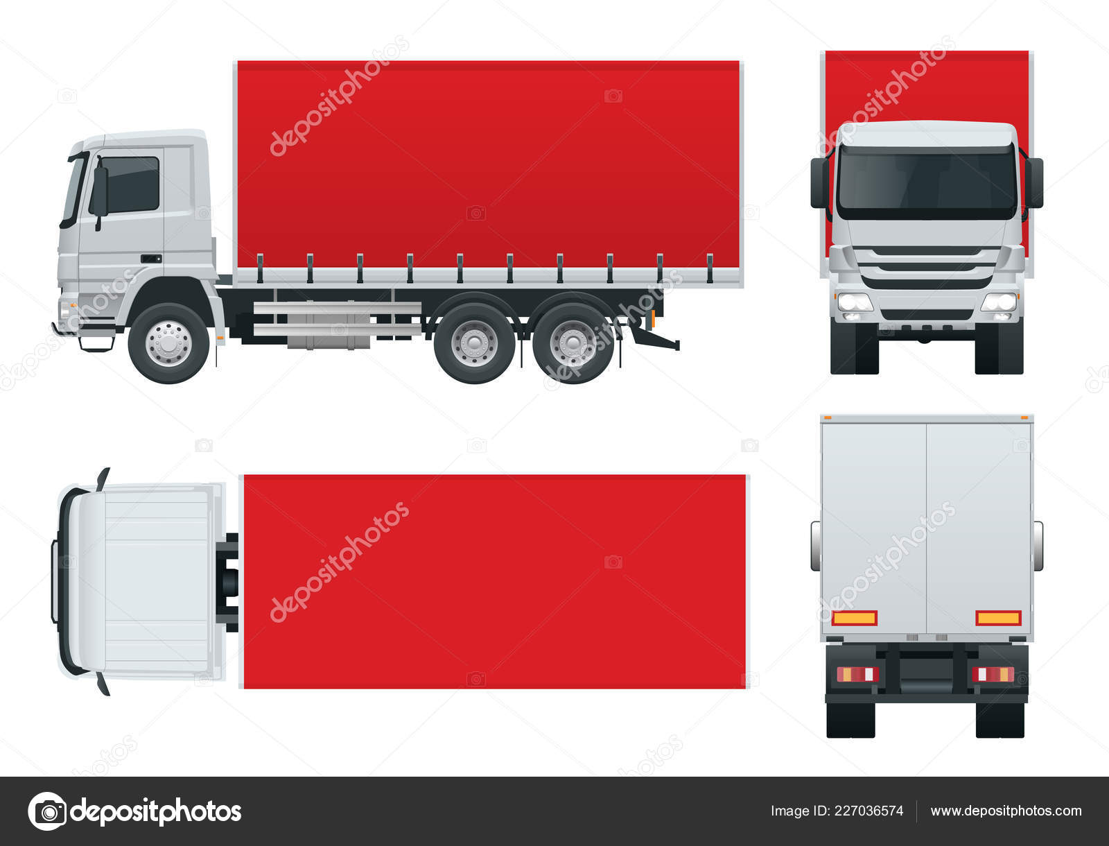 LKW-Lieferung, LKW-Attrappe isolierte Vorlage auf weißem Hintergrund.  Seite, Vorderseite, Rückseite, Draufsicht. Stock-Vektorgrafik von ©Golden  Sikorka 227036574