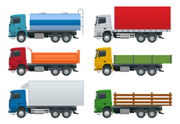 Flat trucks set isolated realistic vehicles on white background. Petroleum tanker, Dump Truck, Refrigerator truck logistics, land transport, delivery side view