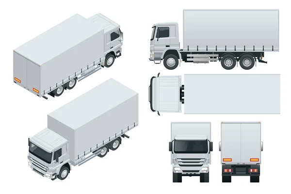 Entrega de caminhão, modelo isolado mock-up caminhão no fundo branco. Isométrica, lateral, frontal, traseira, vista superior . —  Vetores de Stock