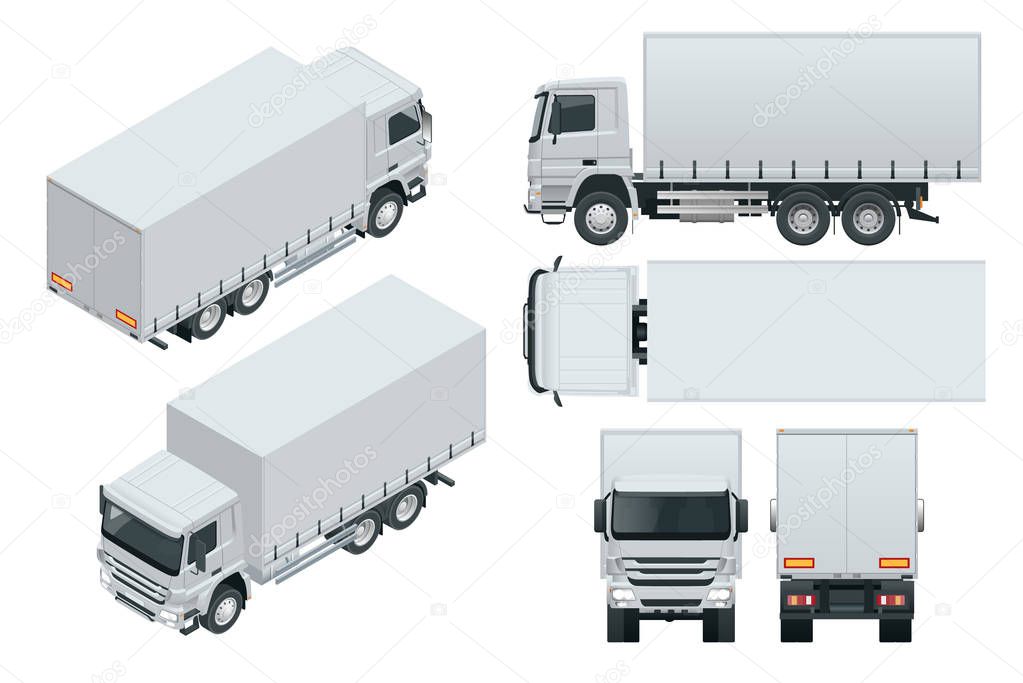 Truck delivery, lorry mock-up isolated template on white background. Isometric, side, front, back, top view.