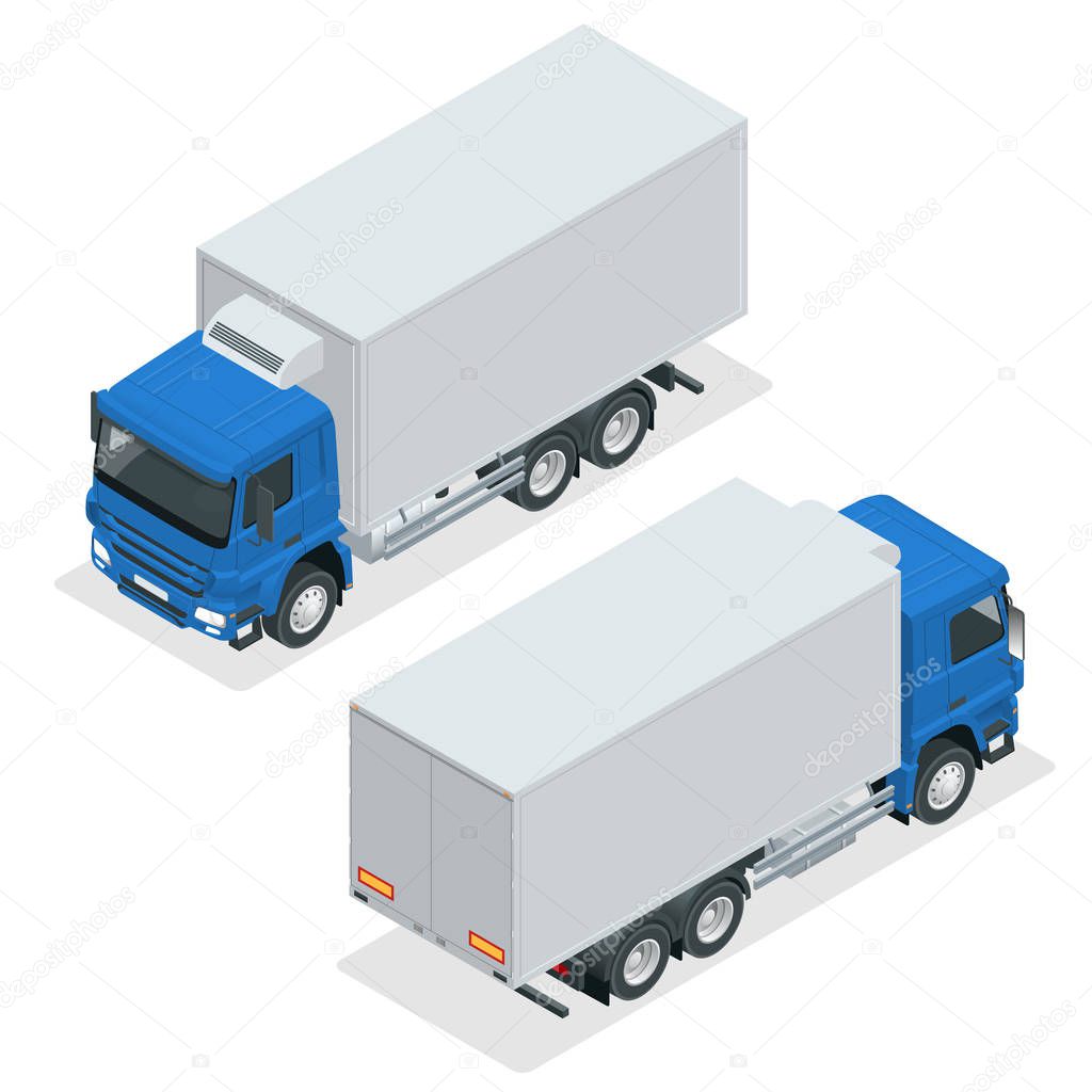 Isometric Truck Delivery, lorry mock-up isolated template on white background. Refrigerator truck vector icon