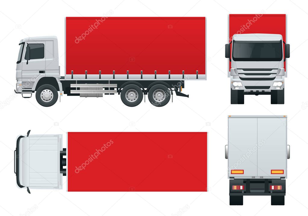 Truck delivery, lorry mock-up isolated template on white background. Side, front, back, top view.