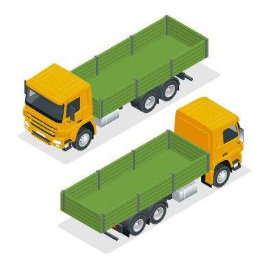 İzometrik flatbed kamyon şablon beyaz beyaz izole. Araç Marka mockup. Flatbed kamyon vektör mock-up.