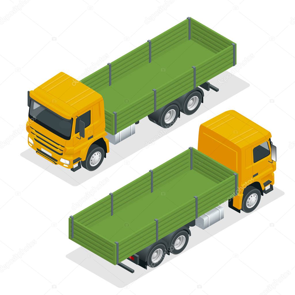 Isometric flatbed truck template isolated on white on white. Vehicle branding mockup. Flatbed truck vector mock-up.