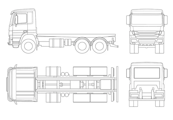 Trator de caminhão ou caminhão semi-reboque em esquema Combinação de uma unidade de trator e um ou mais semi-reboques para transportar mercadorias. Lado, frente, trás, vista superior . —  Vetores de Stock