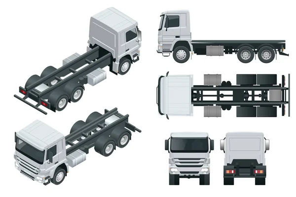卡车牵引车或半挂车。查看前、后部、侧面、顶部和等距前部、后部。货物运送车辆模板向量隔离在白色 — 图库矢量图片