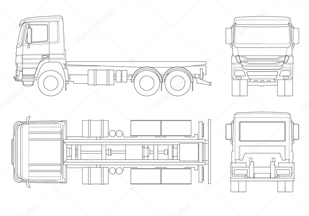 Truck tractor or semi-trailer truck in outline Combination of a tractor unit and one or more semi-trailers to carry freight. Side, front, back, top view.