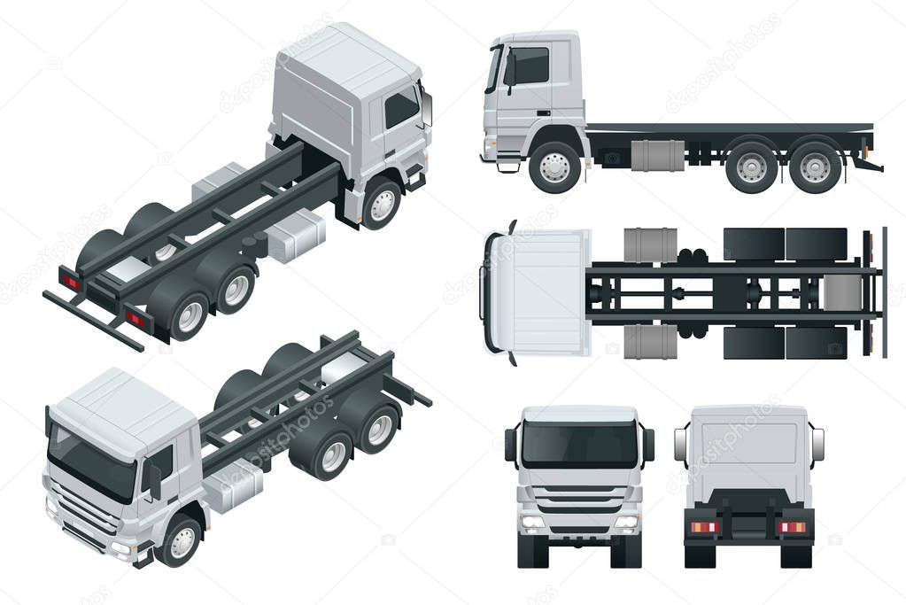 Truck tractor or semi-trailer truck. View front, rear, side, top and isometric front, back. Cargo delivering vehicle template vector isolated on white
