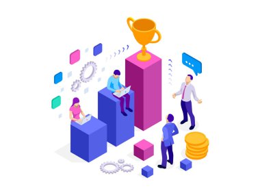 İzometrik takım başarı ve takım çalışması. Düz tasarım stili web afiş için iş iş akışı ve başarı, proje yönetimi, takım oluşturma.