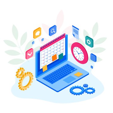 İzometrik haftalık zamanlama ve Takvim Planlayıcısı kuruluş yönetimi. Online iş iş akışı, zaman yönetimi, planlama, görev app, ekip çalışması ve toplantı. Vektör çizim