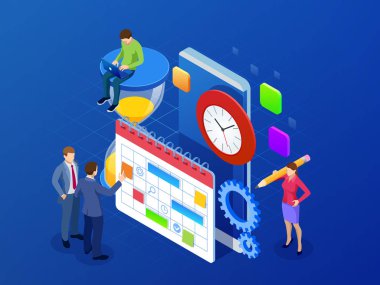 İzometrik haftalık zamanlama ve Takvim Planlayıcısı kuruluş yönetimi. Online app iş iş akışı, zaman yönetimi, planlama, görev app, ekip çalışması ve toplantı. Vektör çizim