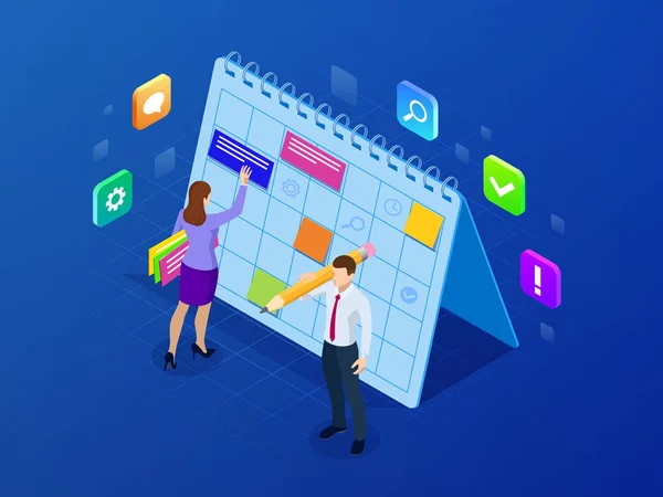 Isometrische per schema en kalender planner Organisatiebeheer. Online zakelijke workflow, timemanagement, planning, taak app, teamwork en vergadering. Vectorillustratie — Stockvector