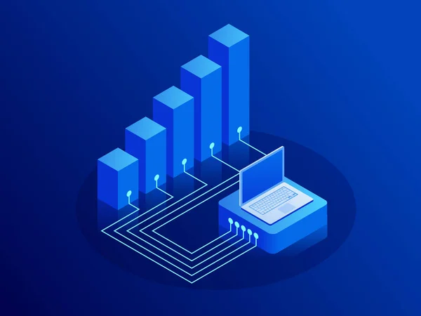 Concepto de crecimiento isométrico y renta. Interfaces gráficas de innovación. Portátil con gráficos y gráficos . — Vector de stock