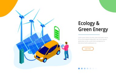 İzometrik ekoloji ve yeşil enerji kavram mobil web sitesi ve Web sitesi için. Açılış sayfası şablonu.