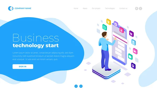 Homem Isométrico Usando Smartphone, touchscreen. Gerente de Projeto Processo de Pesquisa. Interface Gráficos de Inovação. Modelo de página de destino . — Vetor de Stock