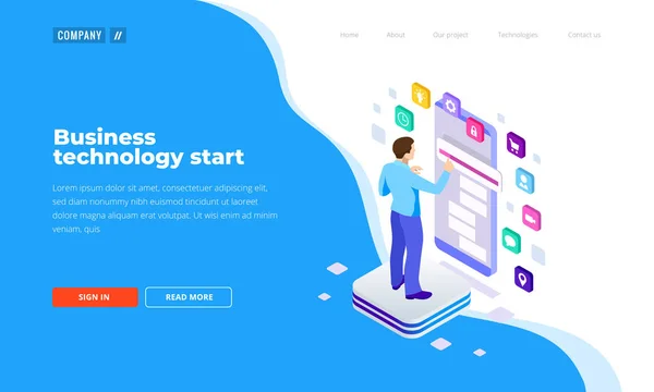 Izometrické člověka pomocí Smartphone, dotykový displej. Vedoucí projektu výzkumu procesu. Inovace grafy rozhraní. Šablona stránky přistání. — Stockový vektor