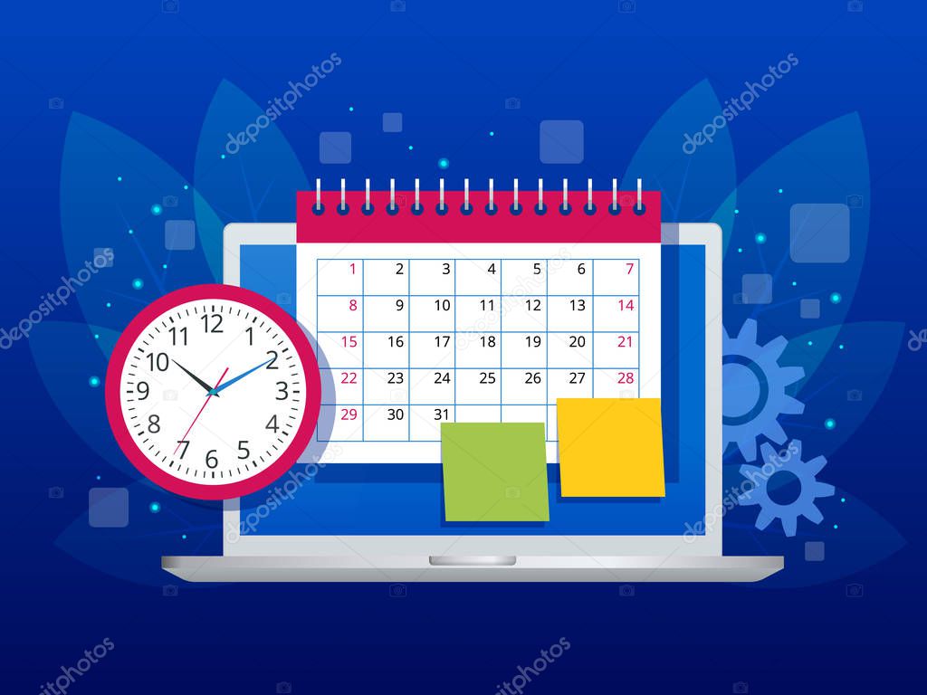 Flat weekly schedule and calendar planner organization management. Online app on laptop business workflow, time management, planning, task app, teamwork and meeting