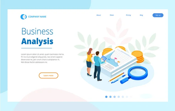 Isometrische Analysedaten und Investitionen. Dokumentenstapel mit amtlicher Briefmarke und Bleistiften im Glas. kreative Landing Page Design-Vorlage. — Stockvektor