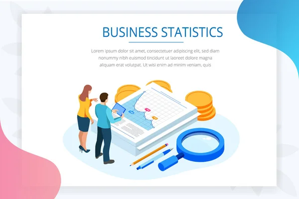 Isometric Analysis data and Investment. Stack of documents with an official stamp and pencils in a glass. Creative landing page design template. — Stock Vector