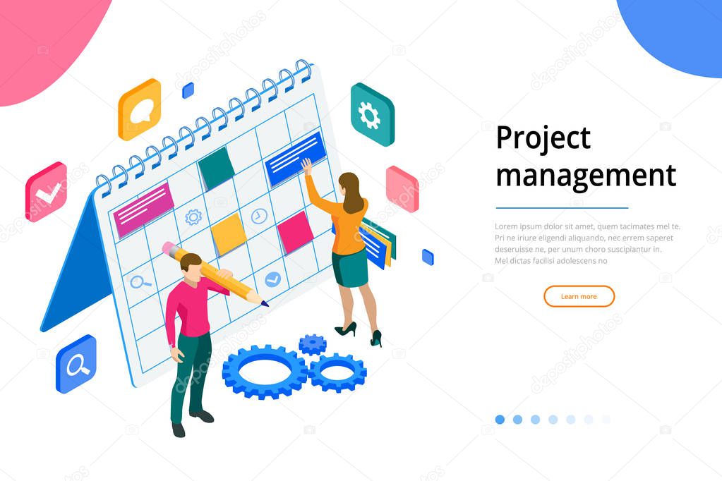 Isometric Project manager updating tasks and milestones progress planning. Weekly schedule and calendar planner organization management.