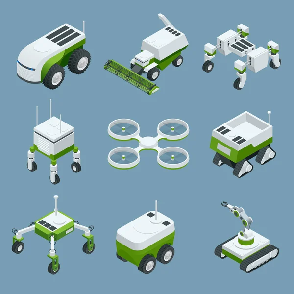 Iot 스마트 산업 로봇 4.0, 로봇 농업, 농업 로봇, 로봇 온실의 아이소메트릭 집합입니다. 스마트 농업 농업 기술 벡터 일러스트 레이 션 — 스톡 벡터