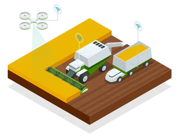 Robots intelligents modernes isométriques dans l'agriculture, robot industriel intelligent iot 4.0 moissonneuse-batteuse combinée sur le terrain. Combiner moissonneuse-batteuse au travail récolte un champ de blé . — Image vectorielle